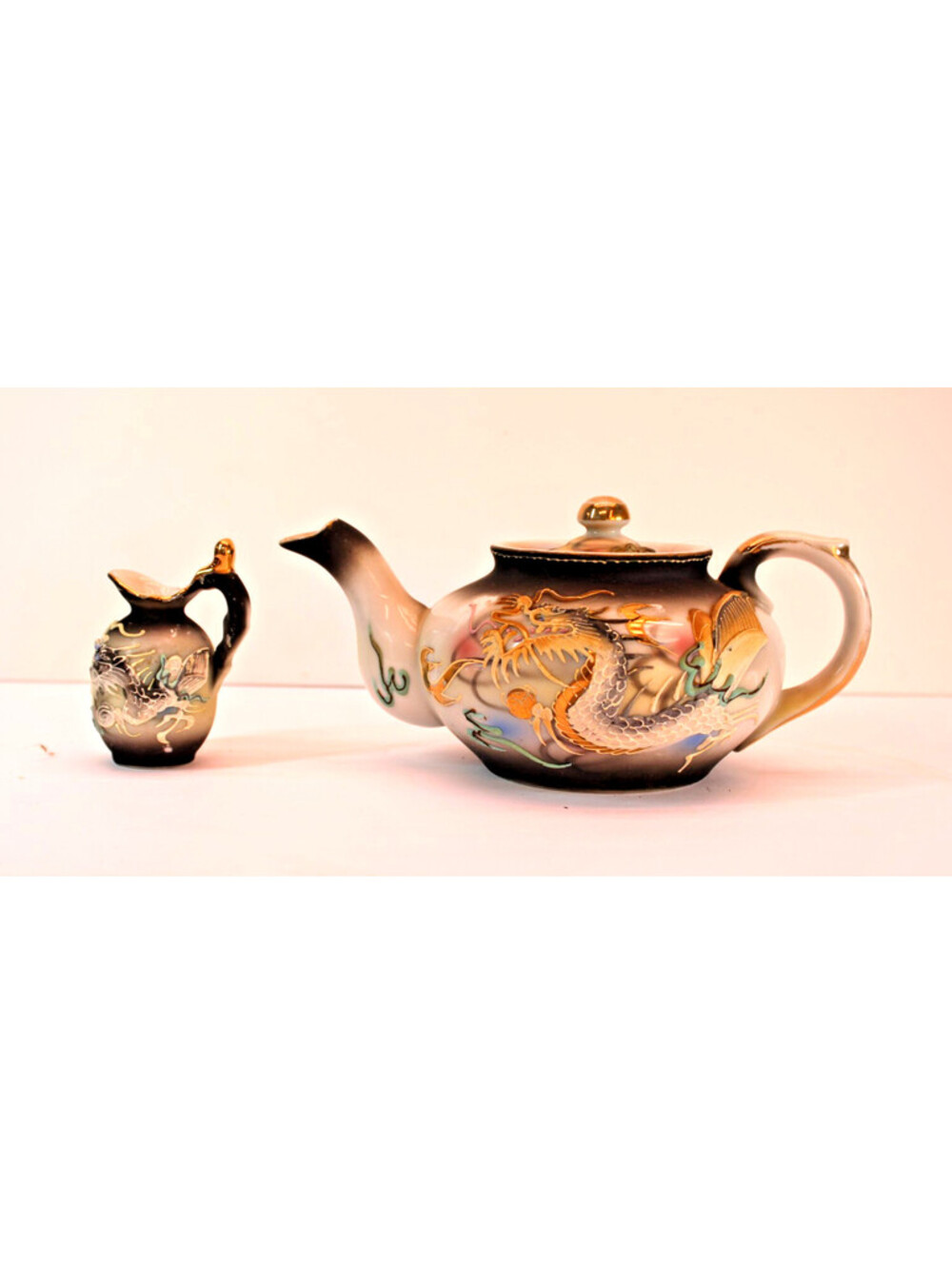 Vtg Japanese Moriage Dragonware 3D Hand Painted Dragon Tea Pot Creamer Gold Trim